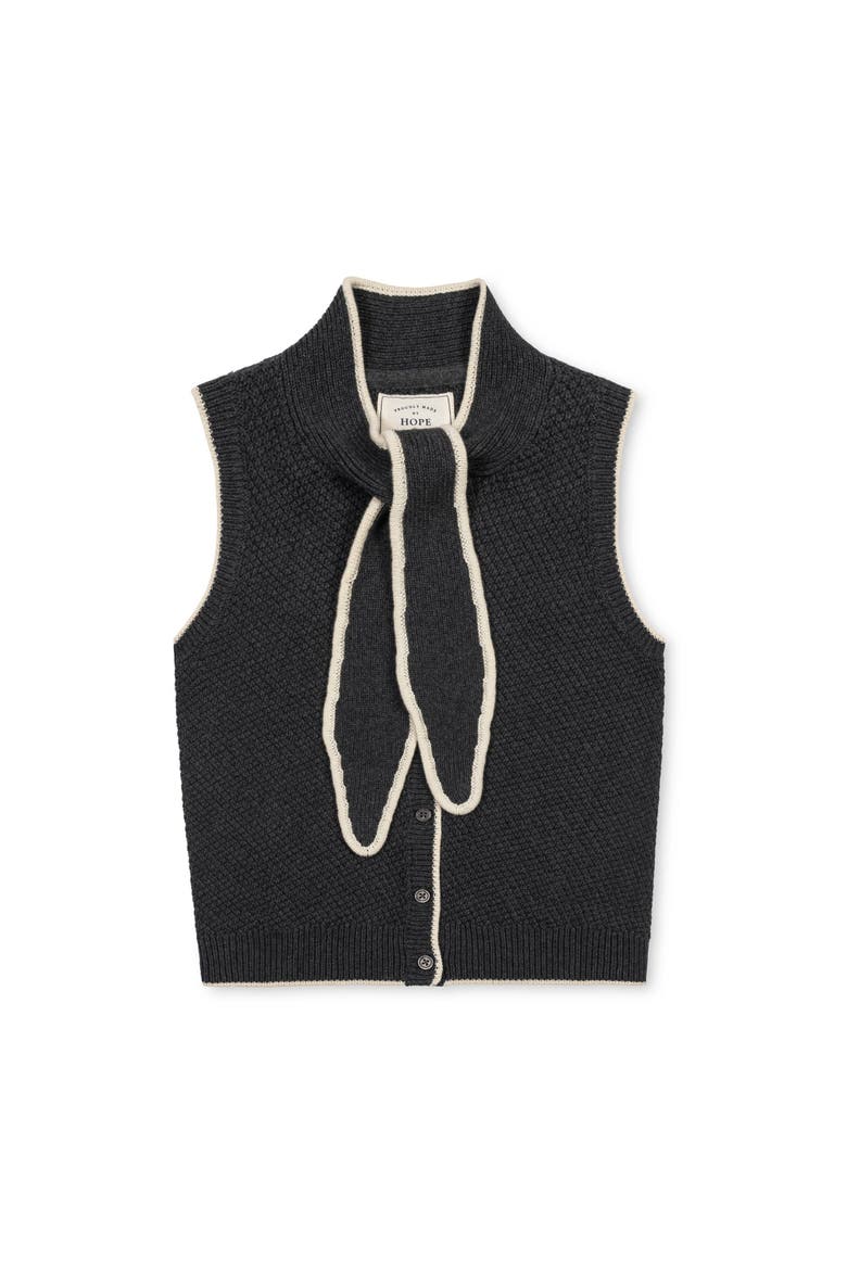 Organic Tie-Neck Button Front Sweater Tank, Alternate, color, Charcoal Heather