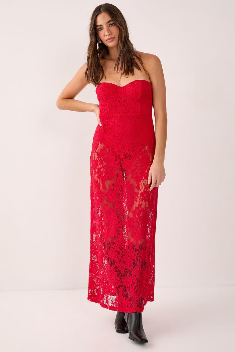 Lace Bandeau Sheer Maxi Dress, Main, color, Red