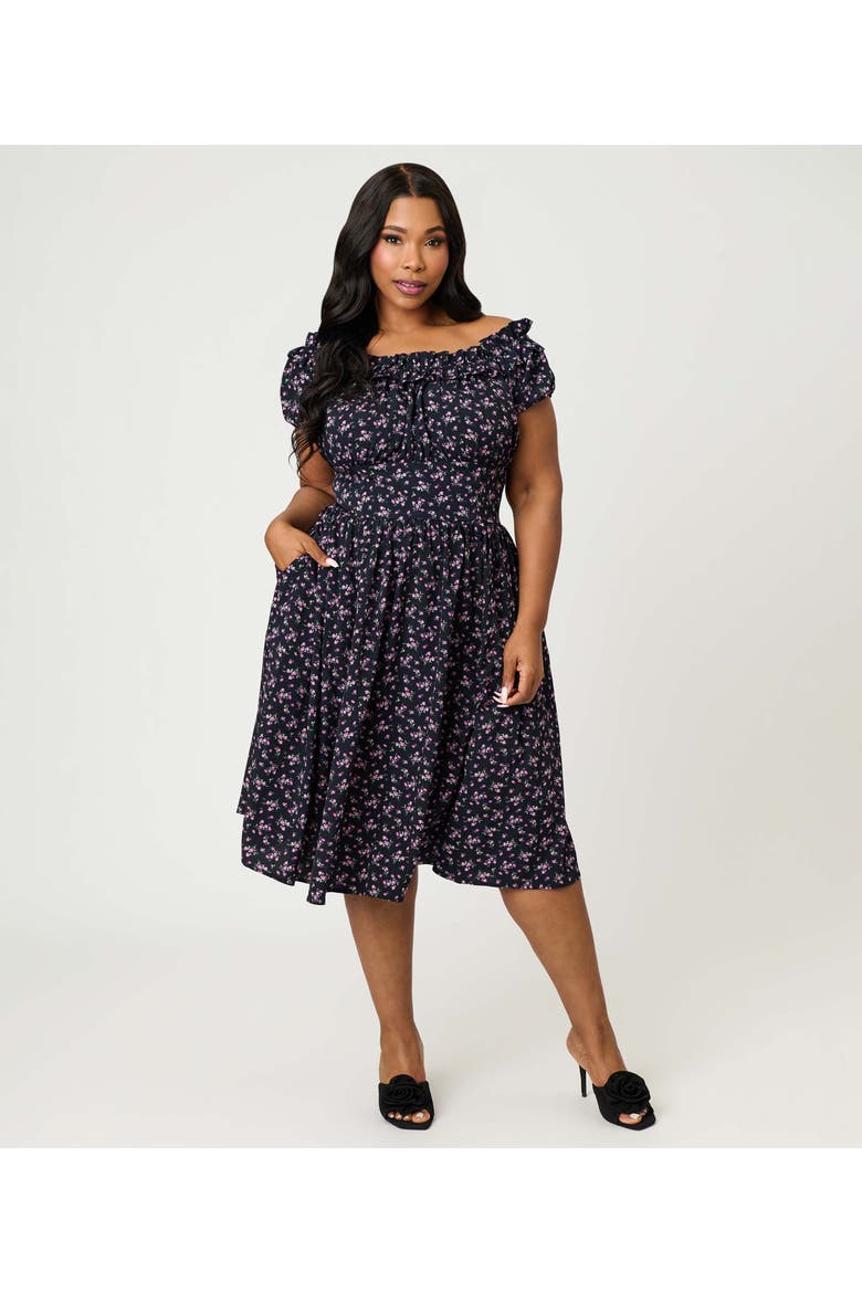 Plus Size 1950s Off The Shoulder Ruffle Swing Dress, Main, color, Black w/ Purple Floral Print