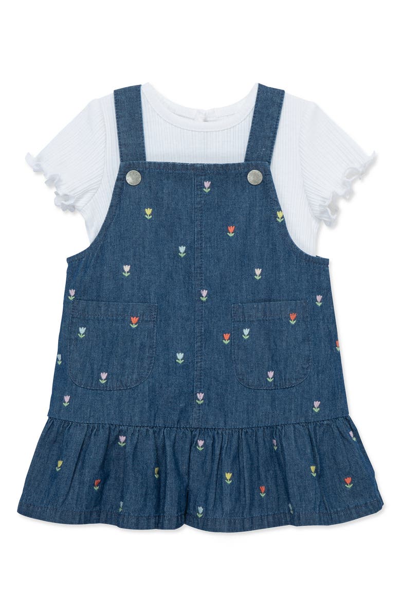 Little Me Crewneck T-Shirt & Tulip Embroidered Dress Set, Alternate, color, Blue