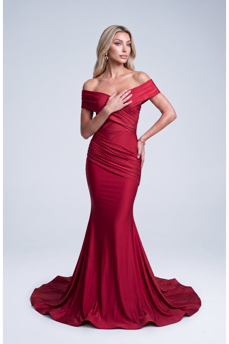 Off The Shoulder Ruched Mermaid Evening Gown, Main, color, Red