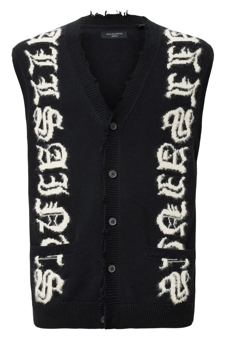 Scripture Distressed Graphic Button-Up Sweater Vest, Alternate, color, BLACK/ ECRU WHITE