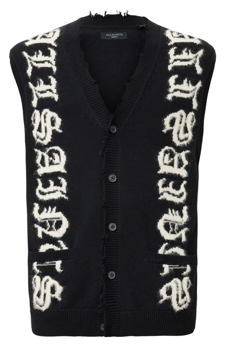 AllSaints Scripture Distressed Graphic Button-Up Sweater Vest, Alternate, color, Black/ Ecru White