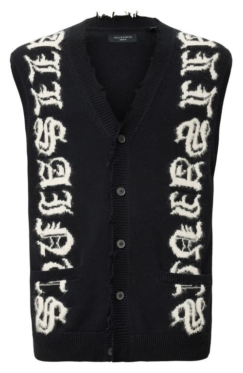 Allsaints Scripture Distressed Graphic Button-up Sweater Vest