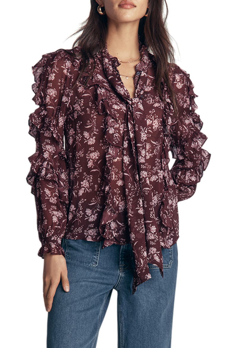 Ruffled Georgette Tie Neck Top, Main, color, FUDGE, ENCHANTED SPRIGS