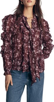 Boden Ruffled Georgette Tie Neck Top
