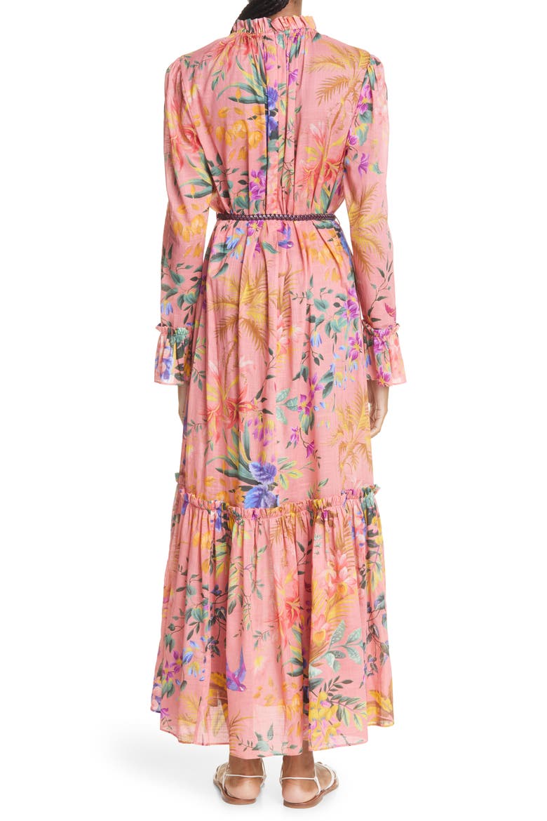 Tropicana Floral Print Frill Long Sleeve Cotton Voile Dress, Alternate, color, CORAL FLORAL