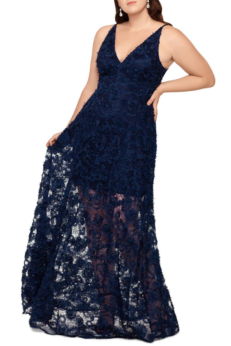 Xscape 3D Lace A-Line Gown, Alternate, color, NAVY