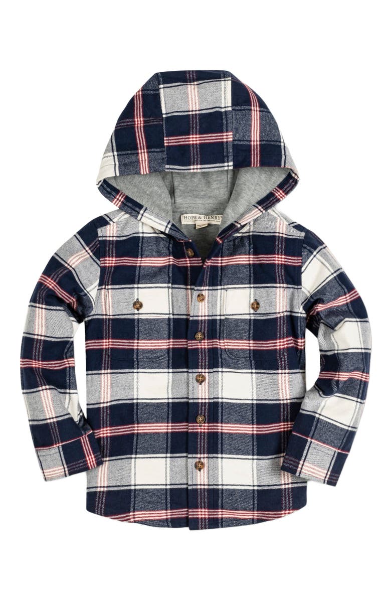 Hope & Henry Boys' Hooded Flannel Shirt Jacket, Kids, Main, color, Large Navy And Ivory Plaid