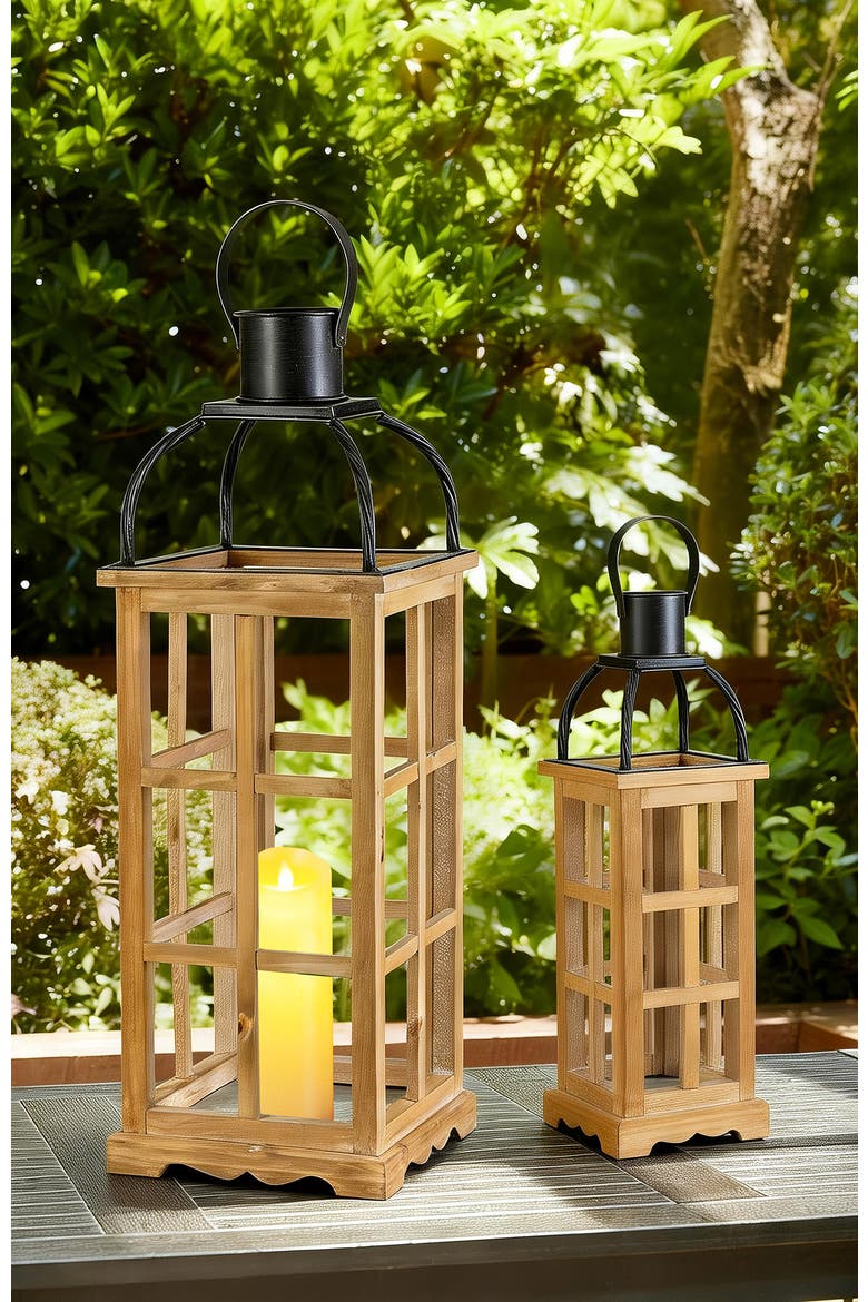 Set of 2 Farmhouse Vintage Wood & Metal Lanterns Candle Holders with Hanger, Alternate, color, Brown