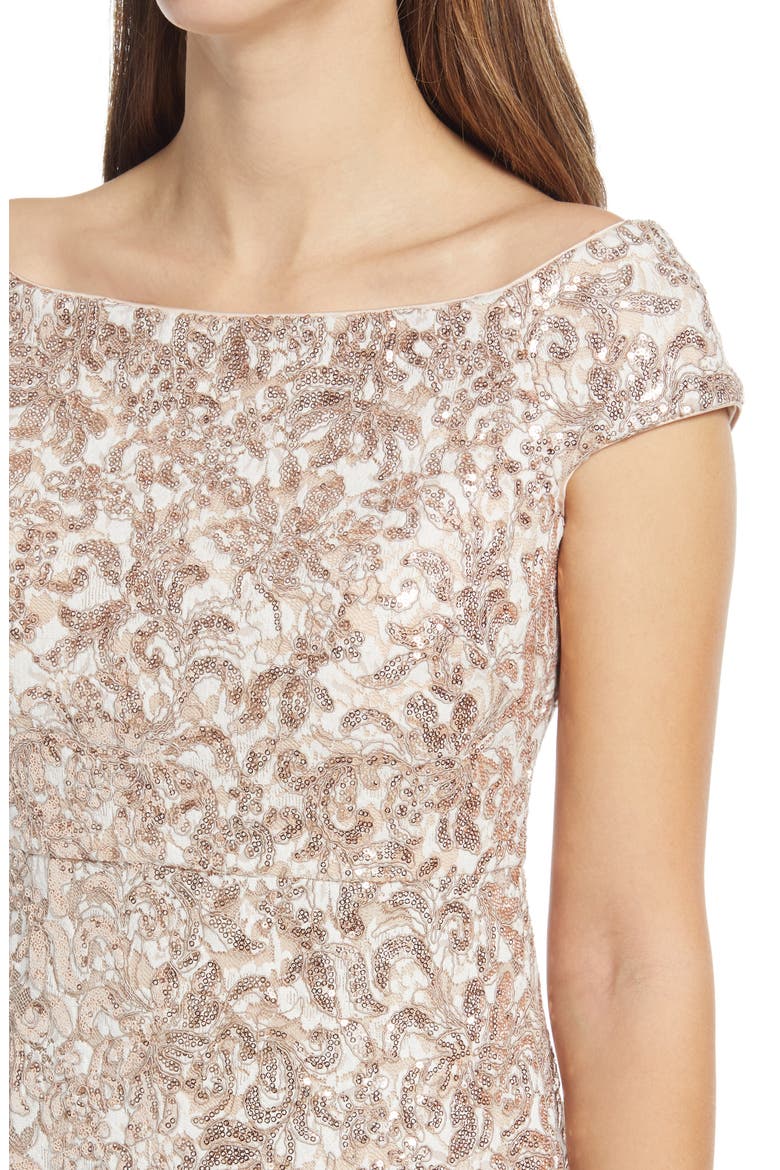 Sequin Off the Shoulder Sheath Cocktail Dress, Alternate, color, SAND