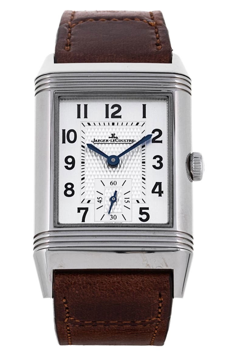 Jaeger-LeCoultre Preowned 2021 Reverso Classic Medium Duoface 2458420 Leather Strap Watch, 25.5mm, Main, color, SILVER