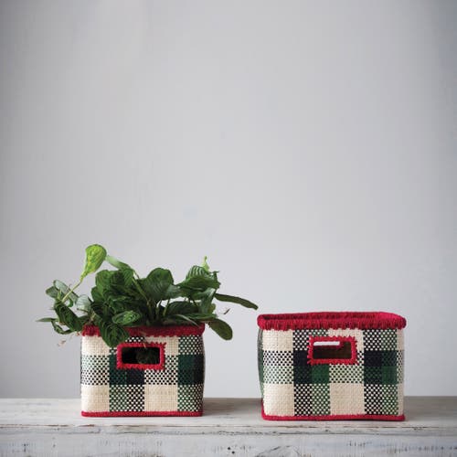 Storied Home Hand-woven Seagrass Baskets With Check Pattern & Fuchsia Trim, Black, Green & Natural, In Red