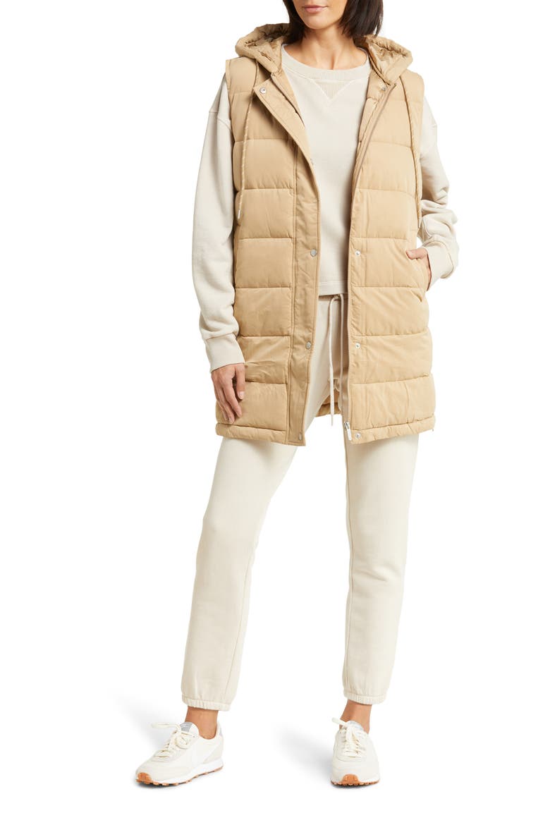 Long Hooded Puffer Vest, Alternate, color, TAN NOMAD