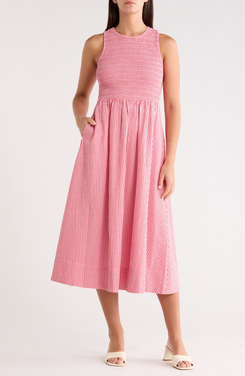 Marine Layer Darcy Stripe Smocked Seersucker Midi Dress, Main, color, Pink Stripe