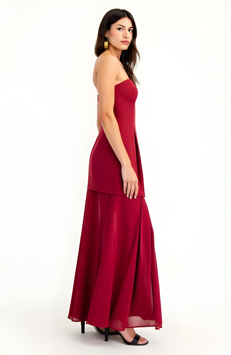 Modenaire Strapless Evening Gown with Sheer Panel Skirt and Fitted Bodice, Alternate, color, Red
