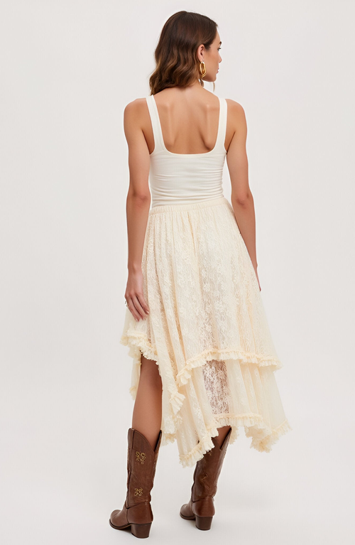 Modenaire Tiered Lace Asymmetrical Skirt With Handkerchief Hem And Lined Detail In Neutral