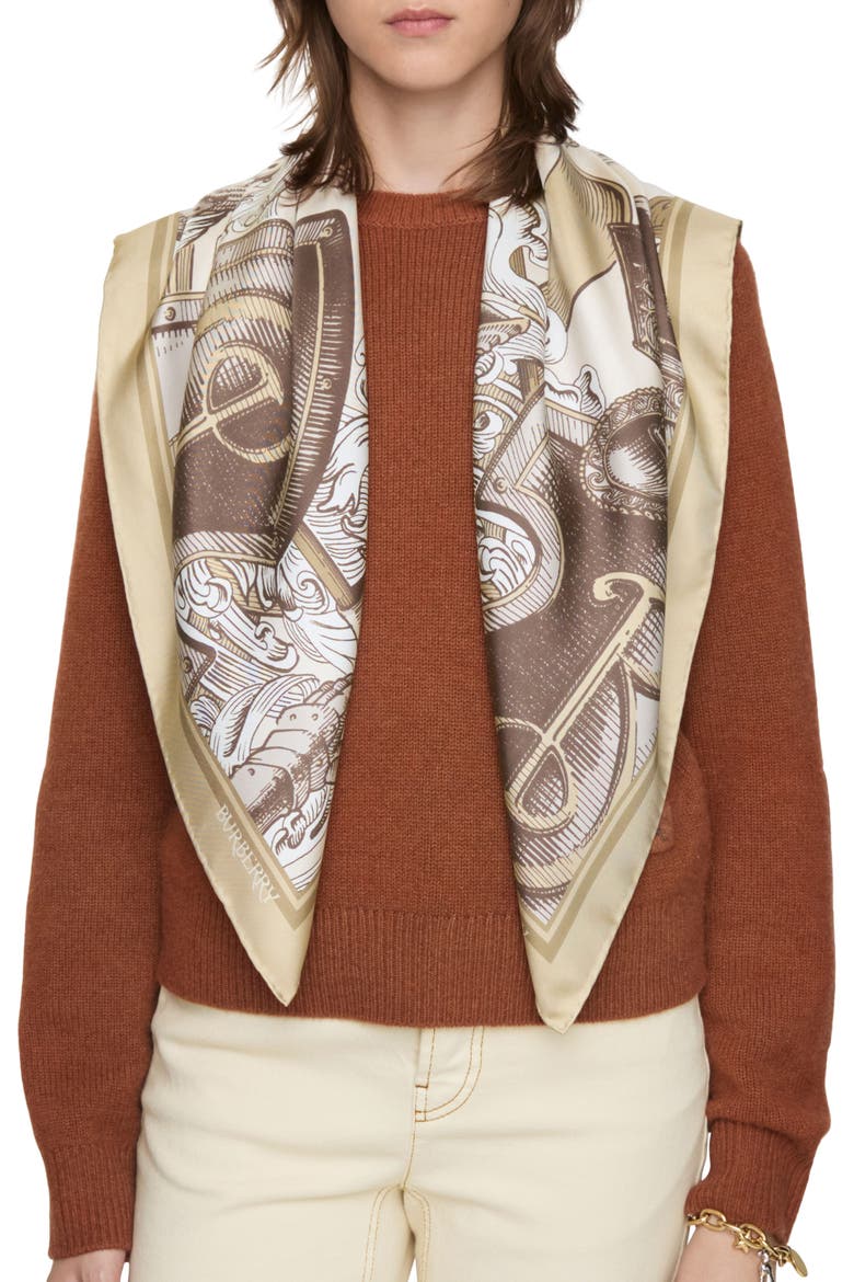 Etched Knight Square Silk Scarf, Alternate, color, TAUPE BEIGE