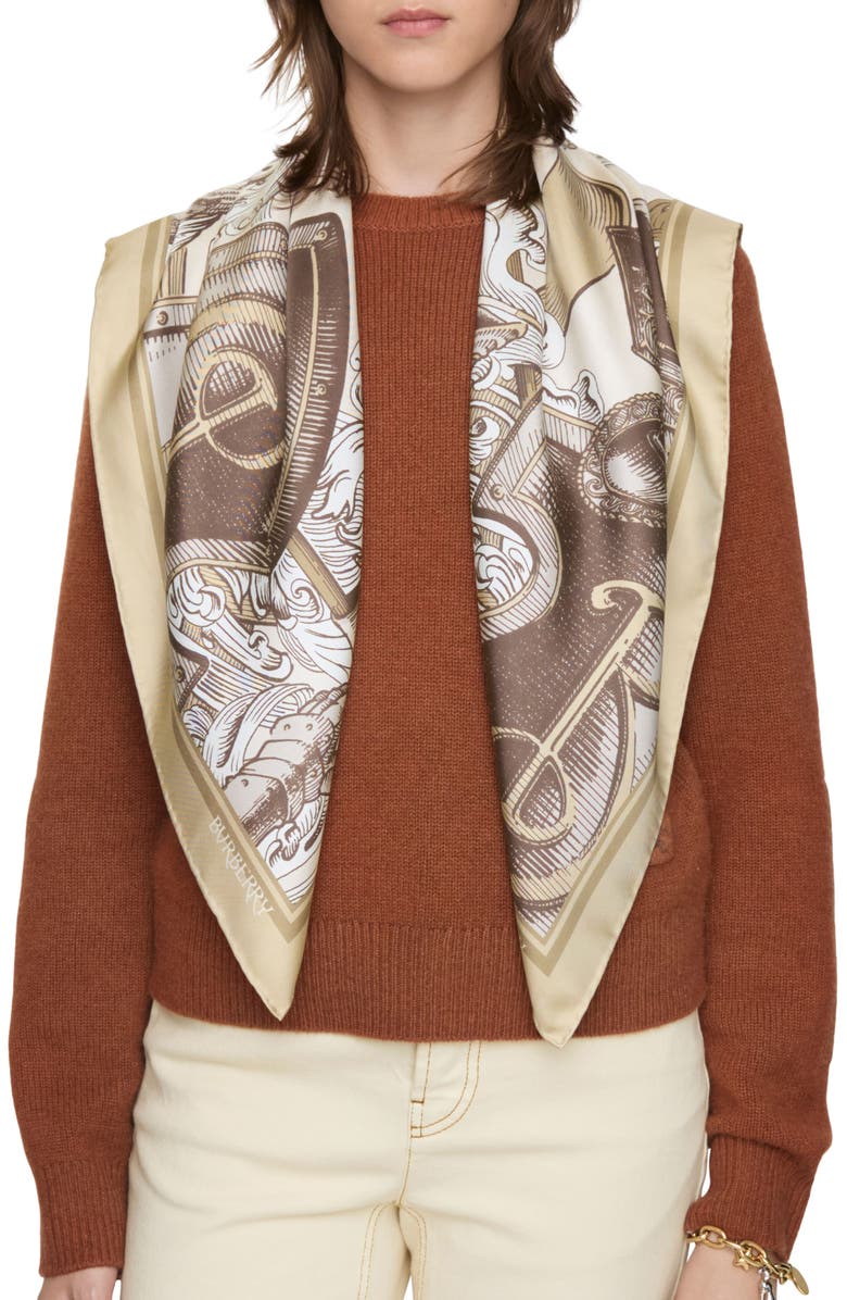 Burberry Etched Knight Square Silk Scarf, Alternate, color, Taupe Beige