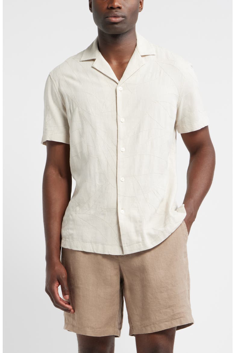 Embroidered Leaves Short Sleeve Linen Blend Button-Up Shirt, Main, color, BEIGE STITCHED LEAVES