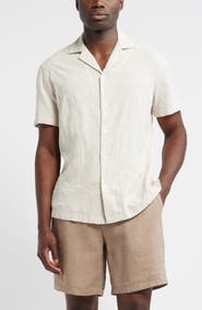 Nordstrom Embroidered Leaves Short Sleeve Linen Blend Button-Up Shirt