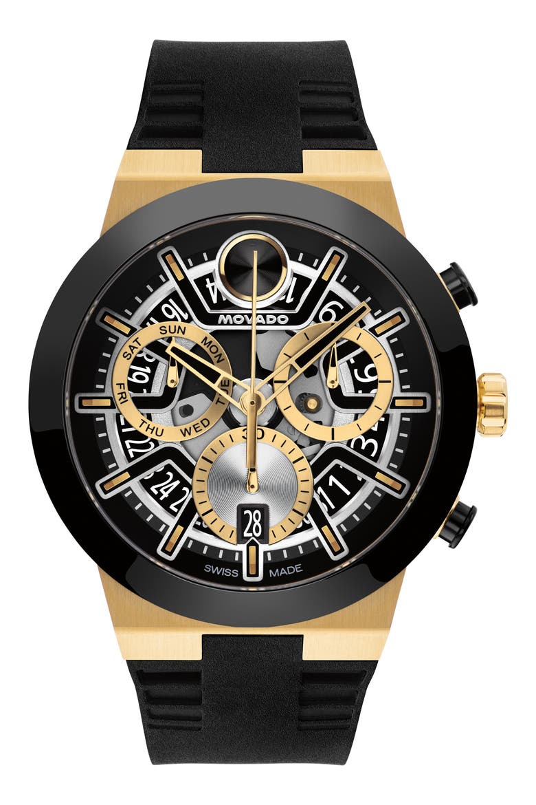Bold Fusion Skeleton Chronograph Silicone Strap Watch, 44.5mm, Main, color, BLACK