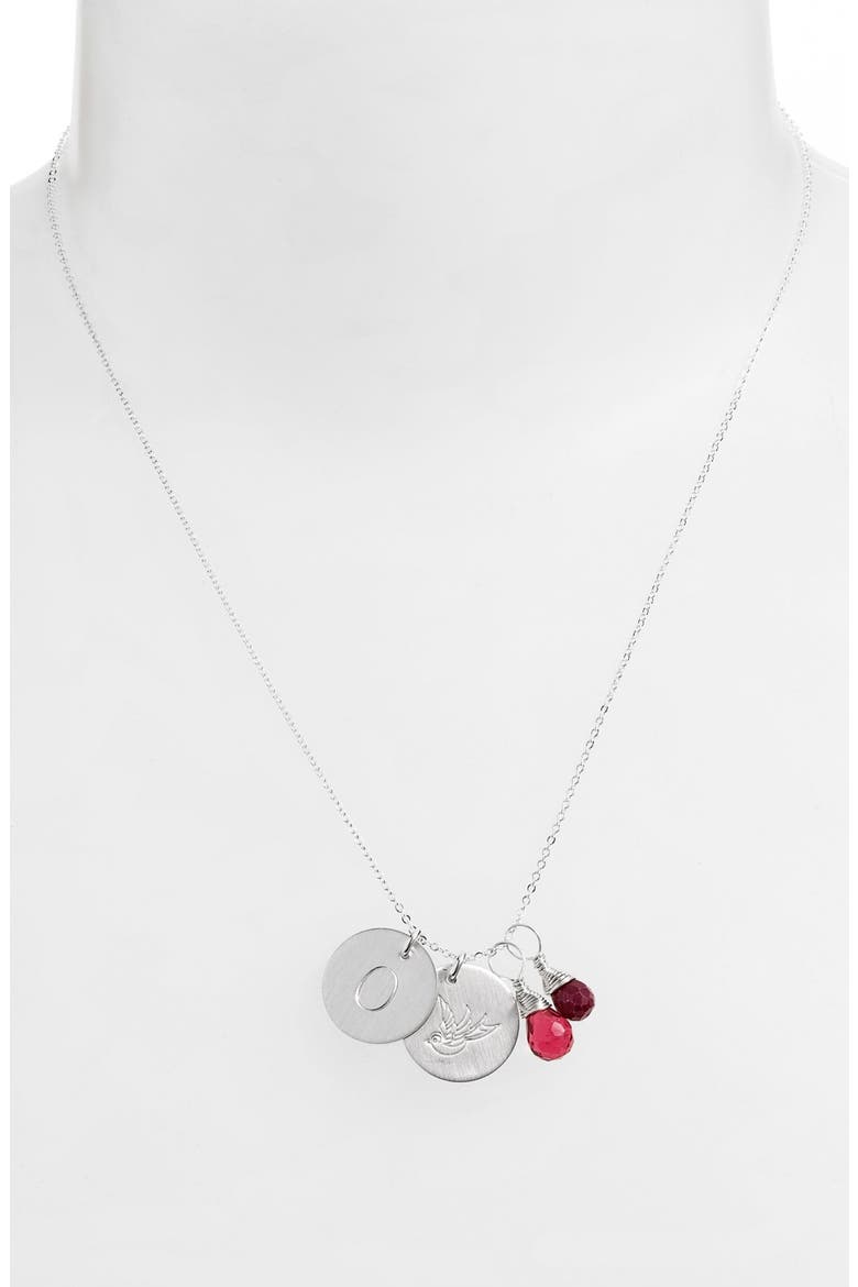 Ruby Quartz Initial & Swallow Sterling Silver Disc Necklace, Alternate, color, FUCHSIA AND RUBY O