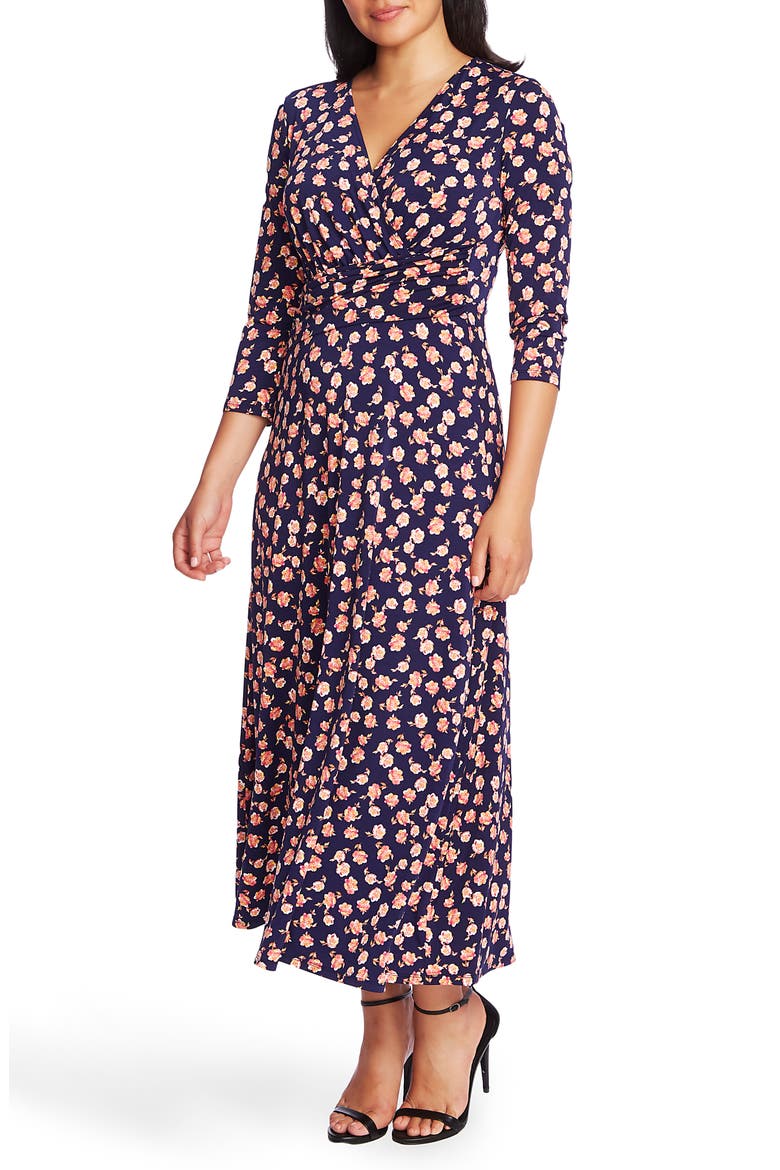 Peony Print Ruched Midi Dress, Alternate, color, EVENING NAVY