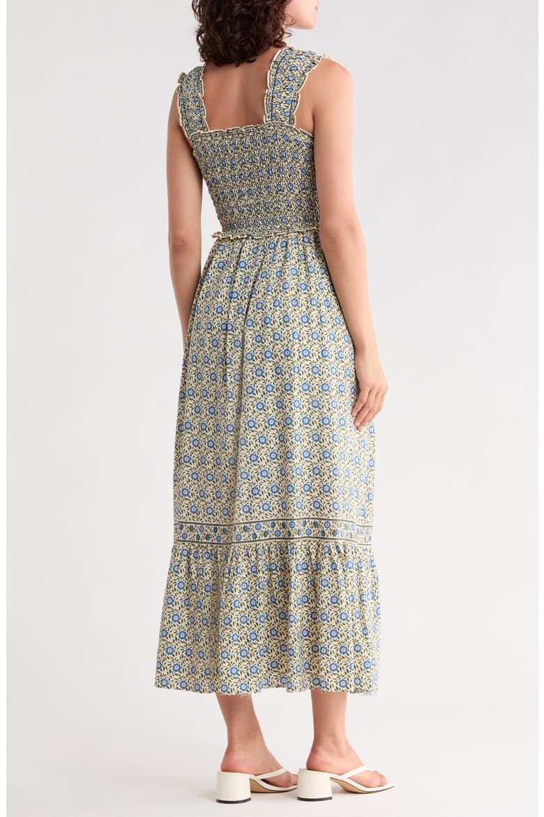 Smocked Bodice Maxi Dress, Alternate, color, CREAM/ BLUE DIAGONAL SUNFLOWER