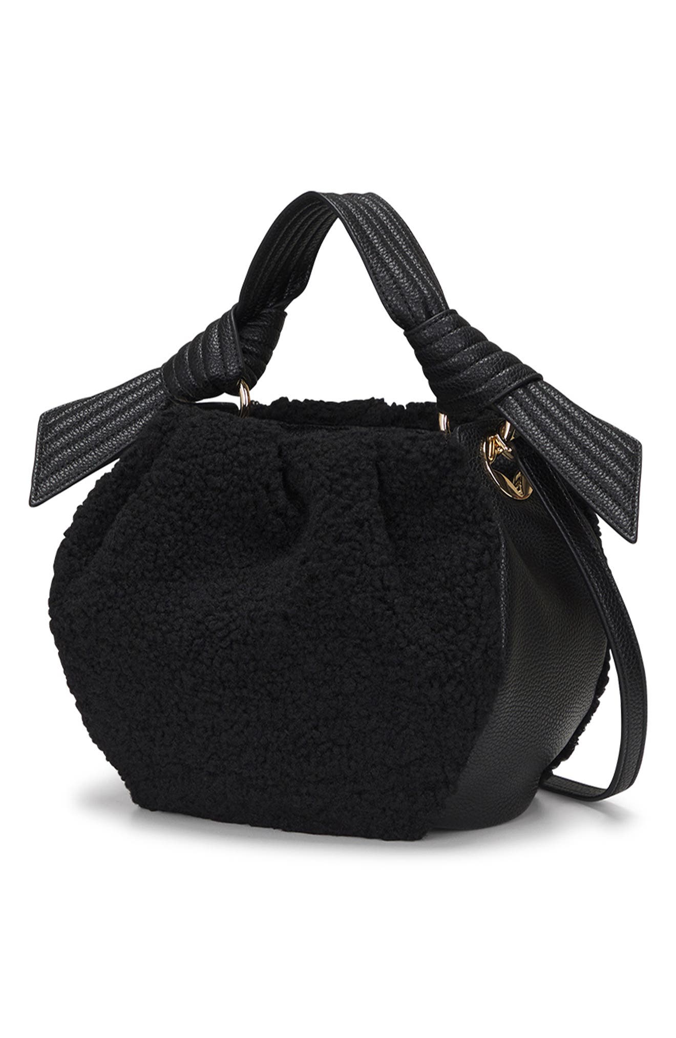 Selena Faux Shearling Bucket Bag, Alternate, color, BLACK