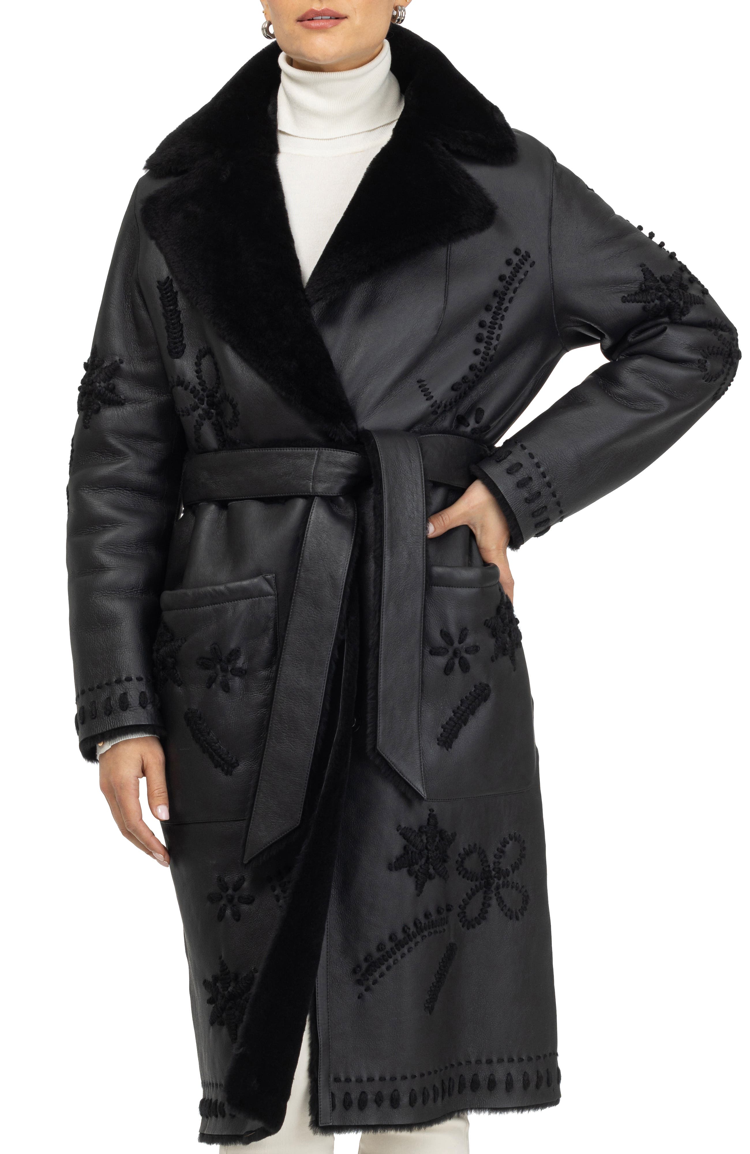 Genuine Shearling Short Coat with Embroidery, Belt - image 2