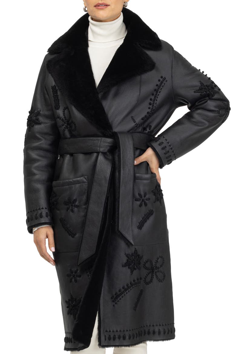 Genuine Shearling Short Coat with Embroidery, Belt, Alternate, color, BLACK/BLACK