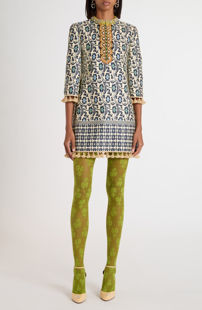 Valentino Garavani Embroidered Silk Jacquard Shift Dress, Main, color, Brown/ Blue