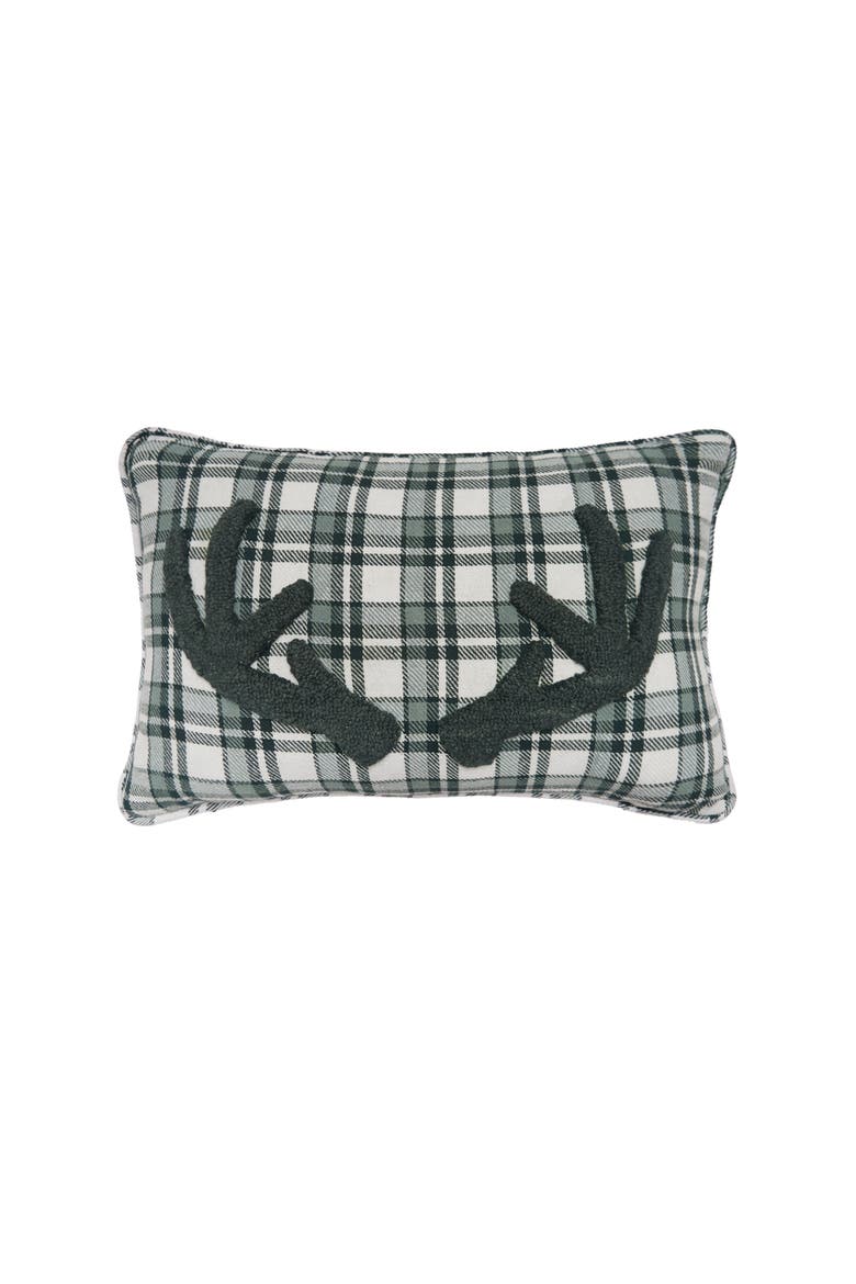 Woodland Deer Antlers Plaid Cotton Blend Mini Accent Pillow 14" x 22", Main, color, Green