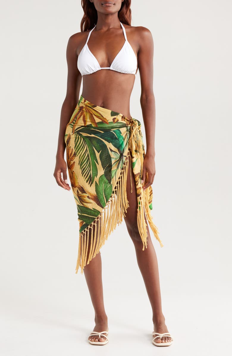 FARM Rio Bananart Metallic Stripe Fringe Trim Cover-Up Skirt, Main, color,