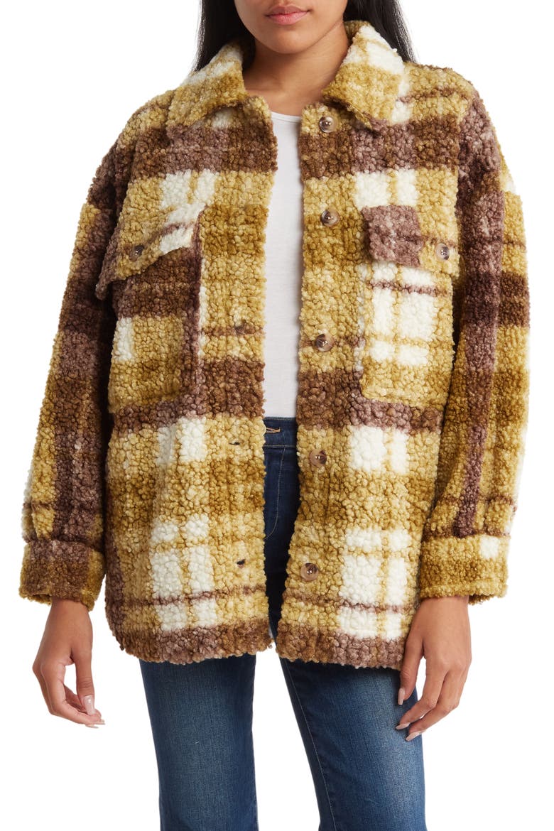 Faux Shearling Plaid Jacket, Main, color, OLIVE