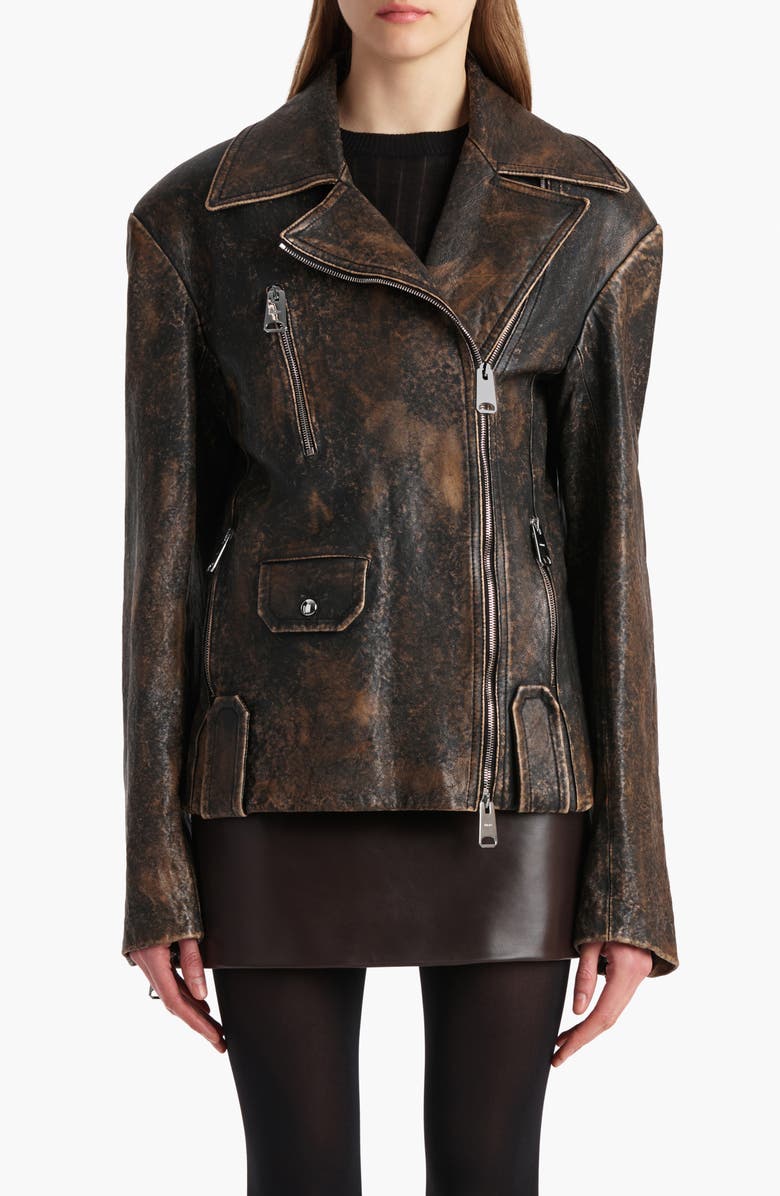 Khaite Catalina Distressed Suede Moto Jacket, Main, color, Black / Natural