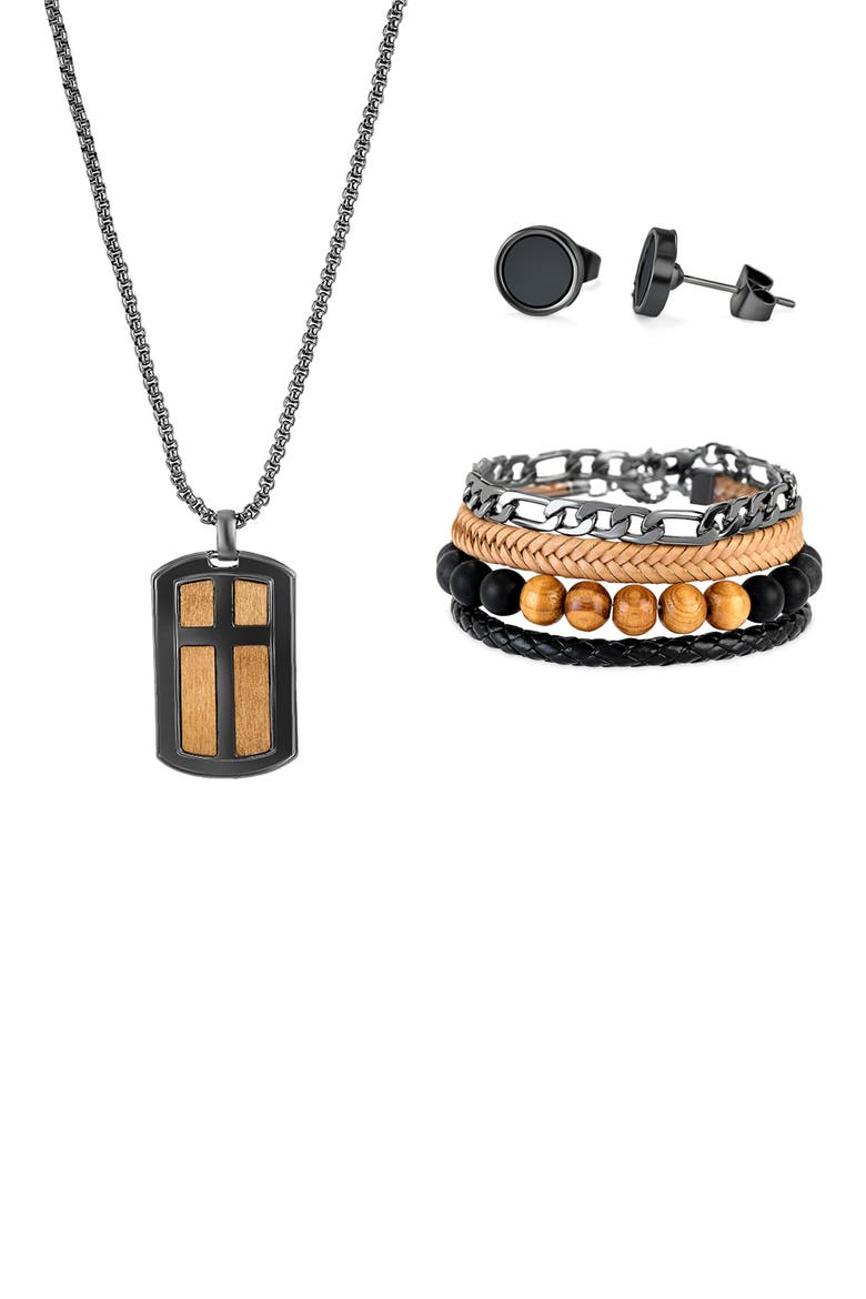Men's Necklace, Bracelets & Earrings Gift Set, Main, color, BLACK/ GUN/ BROWN