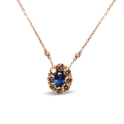 18K Rose Gold 5/8 Cttw Diamond and 7 x 4mm Oval Blue Sapphire Pendant Necklace