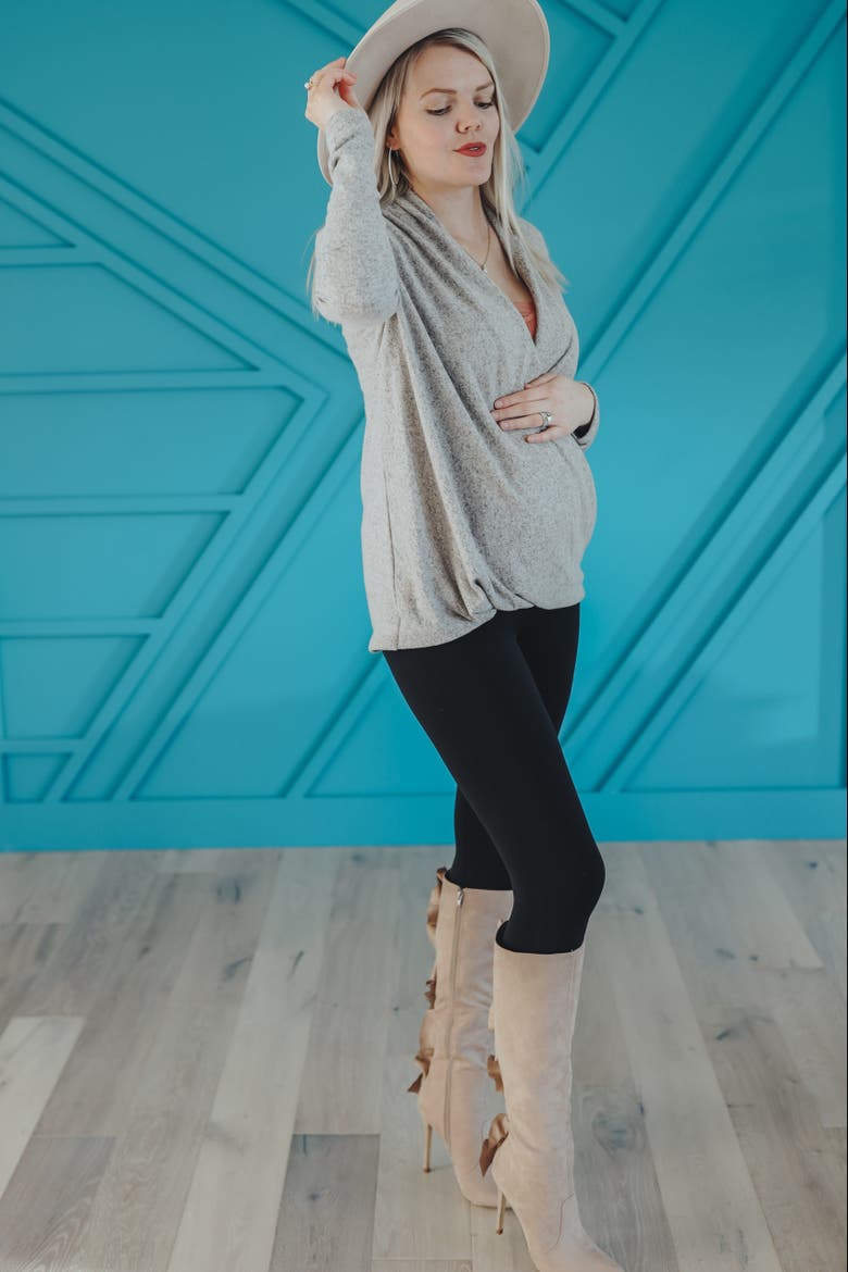 Knit Draped Wrap V-Neck Nursing Top, Alternate, color, Beige