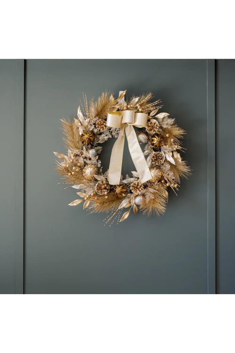 26" Gold Bow Pinecone & Ornament Pre-Lit Wreath, Alternate, color, Gold
