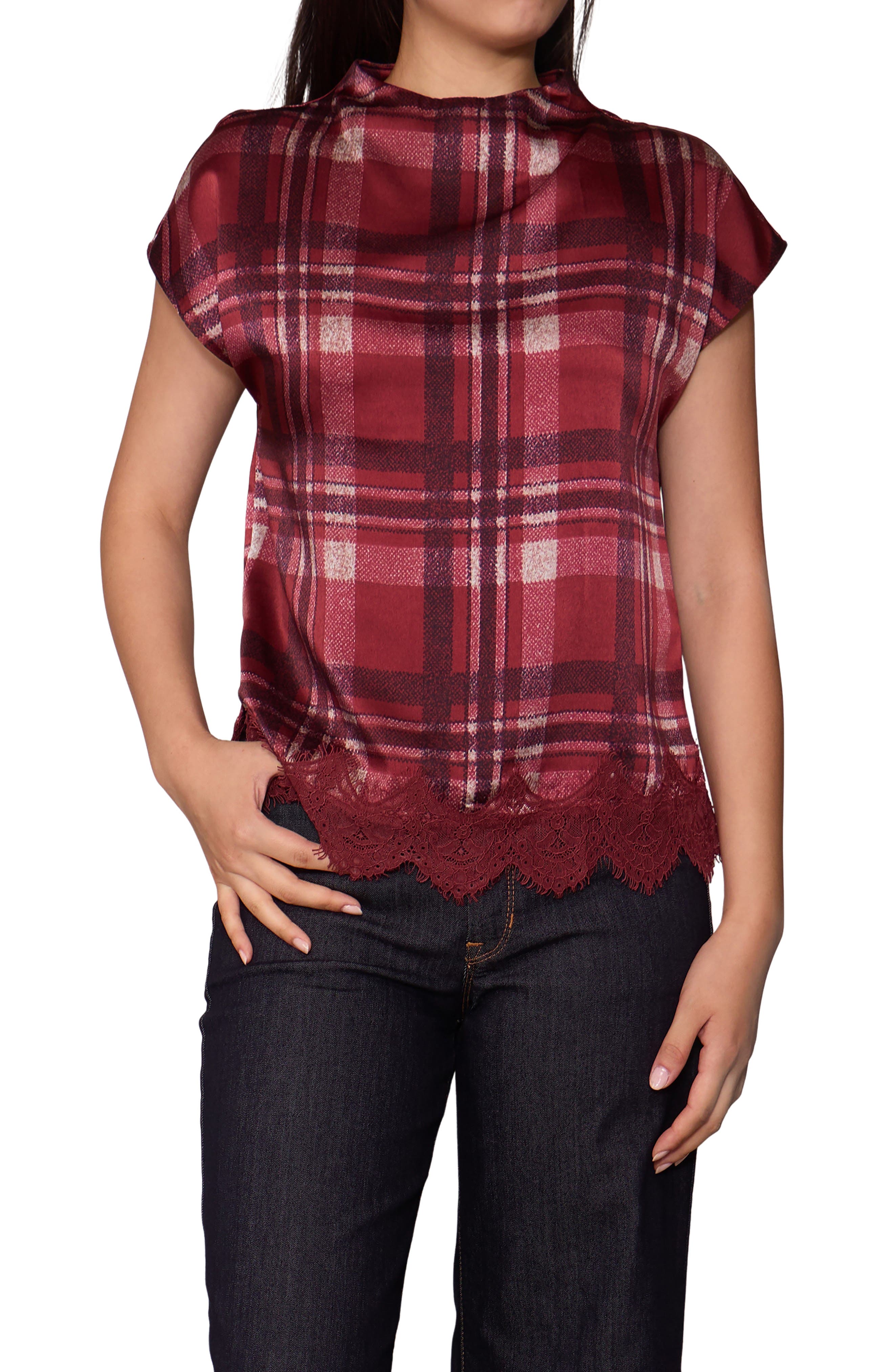 Plaid Cap Sleeve Lace Trim Satin Top