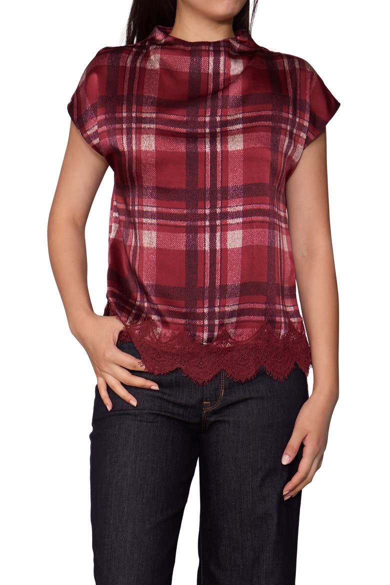 Plaid Cap Sleeve Lace Trim Satin Top, Main, color, MAROON PLAID