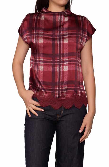 Plaid Cap Sleeve Lace Trim Satin Top