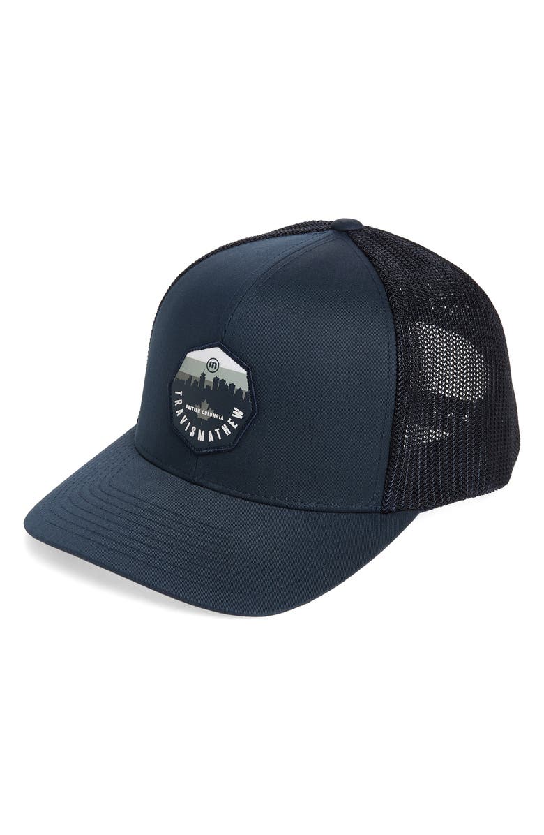 TravisMathew Forest of Trees Trucker Hat, Main, color, Navy