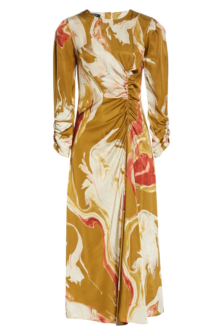 Astrid Ruched Long Sleeve Midi Dress, Alternate, color, GOLDENROD MULTI
