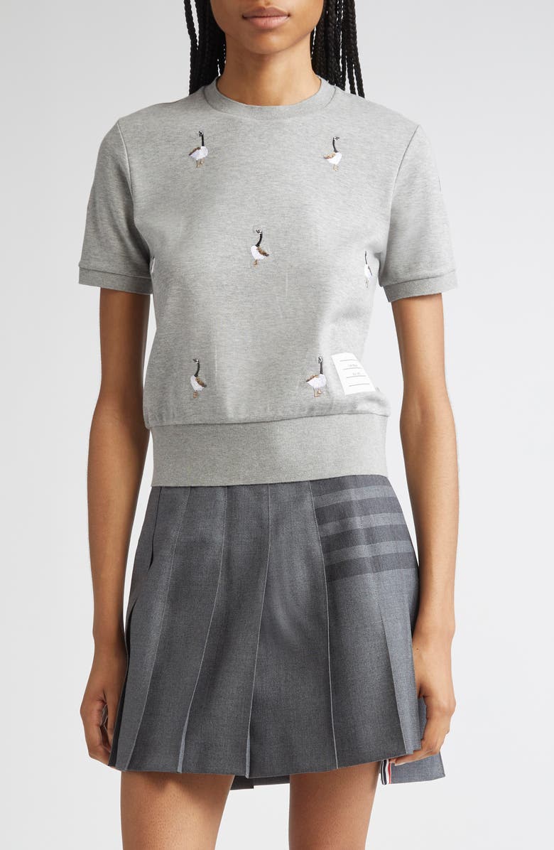 Thom Browne Embroidered Geese Short Sleeve Sweatshirt, Main, color, Light Grey