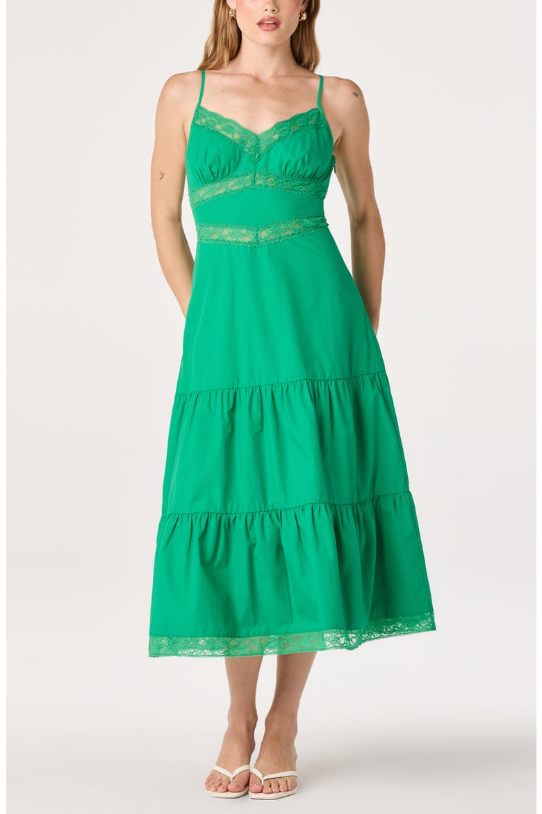 Berenice Lace Detail Tiered Cotton Dress, Main, color, GREEN