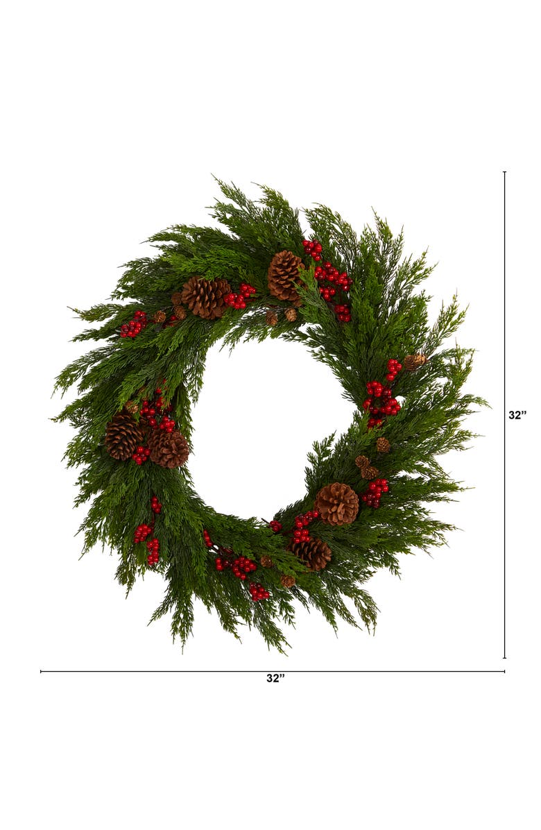 NEARLY NATURAL 32-in Cypress with Berries and Pine Cones Artificial Wreath, Alternate, color, Green