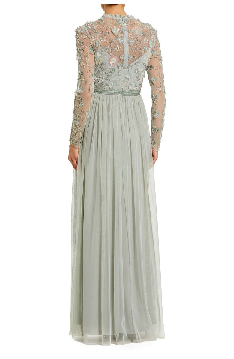 Mac Duggal Embellished Illusion High Neck Long Sleeve Gown, Alternate, color, Sage